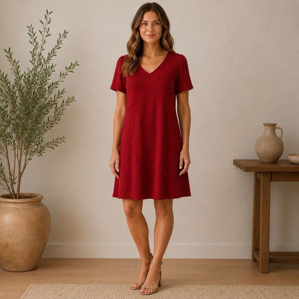 Nicole Miller Linen Blend V-Neck Dress Red Print Summer Minimalist Sz Large